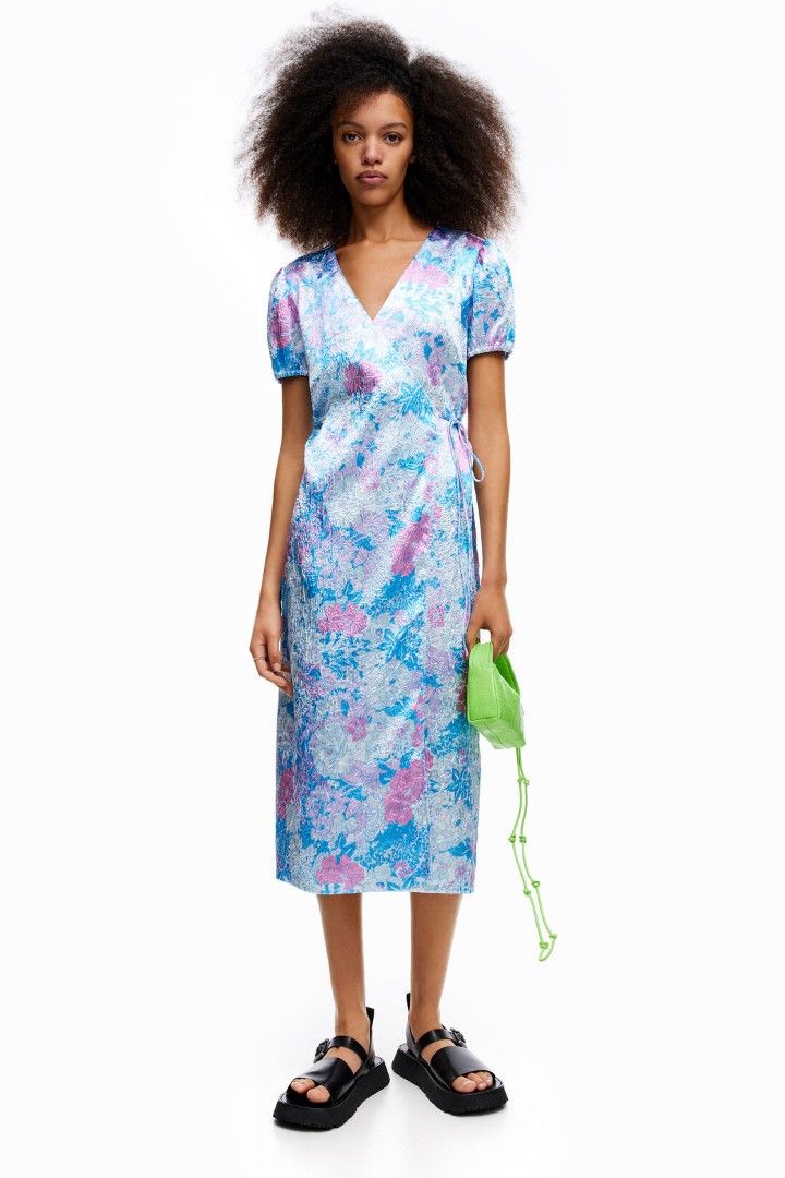 Bimba y Lola Blue Floral Midi Dress Silk Sateen Finish Women s Fashion Dresses Sets Dresses on Carousell