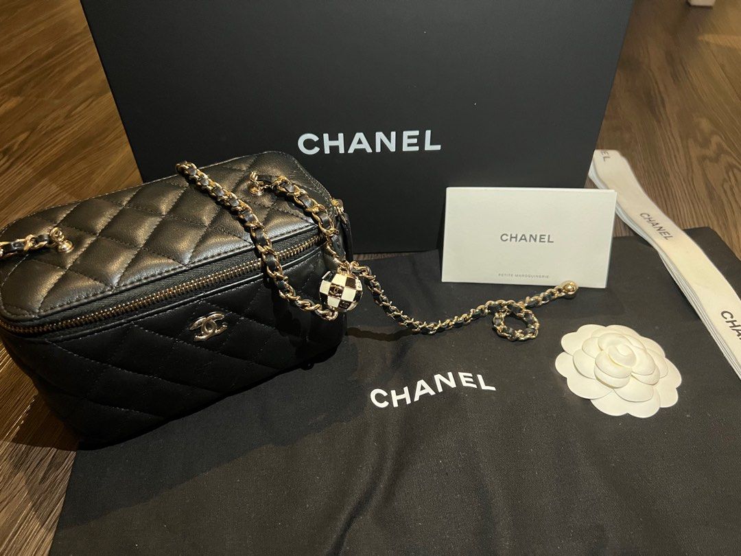 Chanel pearl crush vanity lambskin special edition (light gold with black/ white ball), Luxury, Bags & Wallets on Carousell