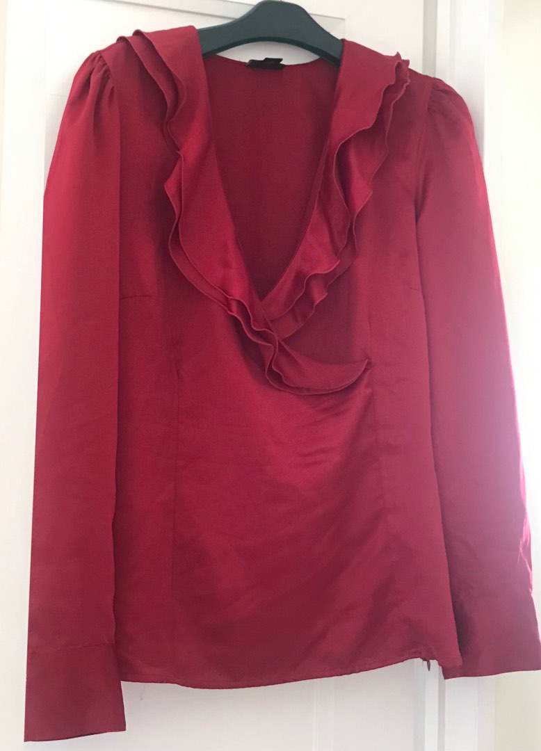 Deep red raffles blouse, Women's Fashion, Tops, Longsleeves on Carousell