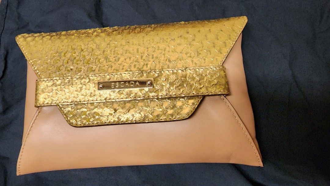Escada Clutch Envelope Bag Gold, Luxury, Bags & Wallets on Carousell
