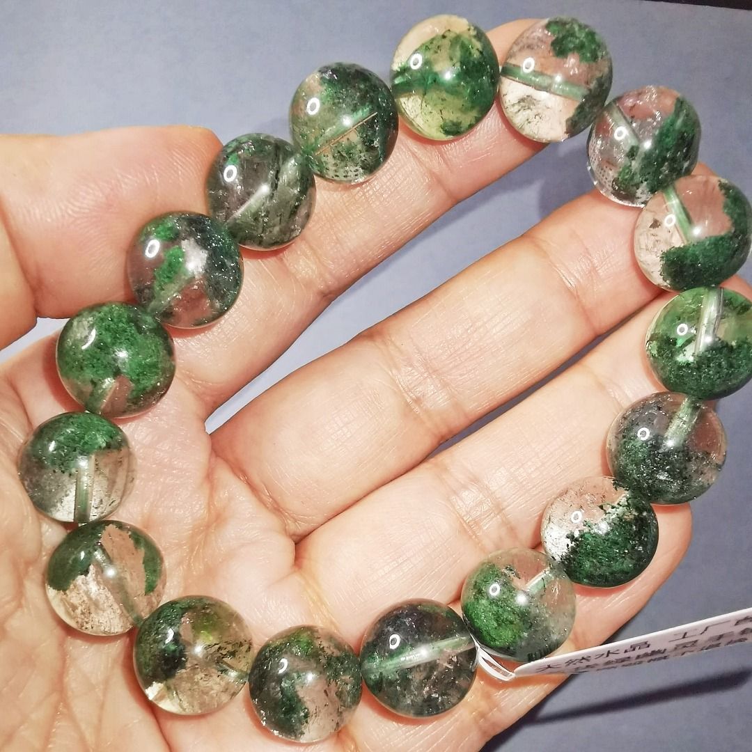 9mm Natural Clear Quartz Green Phantom Crystal Gemstone Round Beads Bracelet