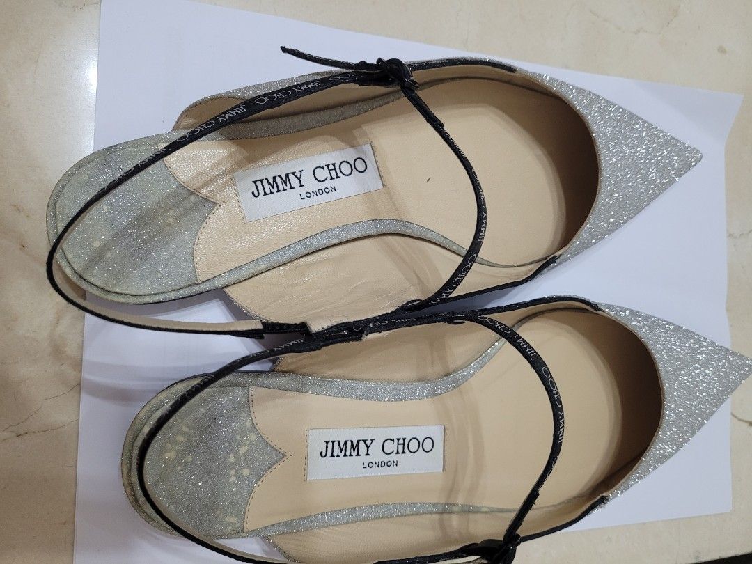 Jimmy Choo Ree Silver Glittered Flat, Size 39, 名牌, 鞋及波鞋