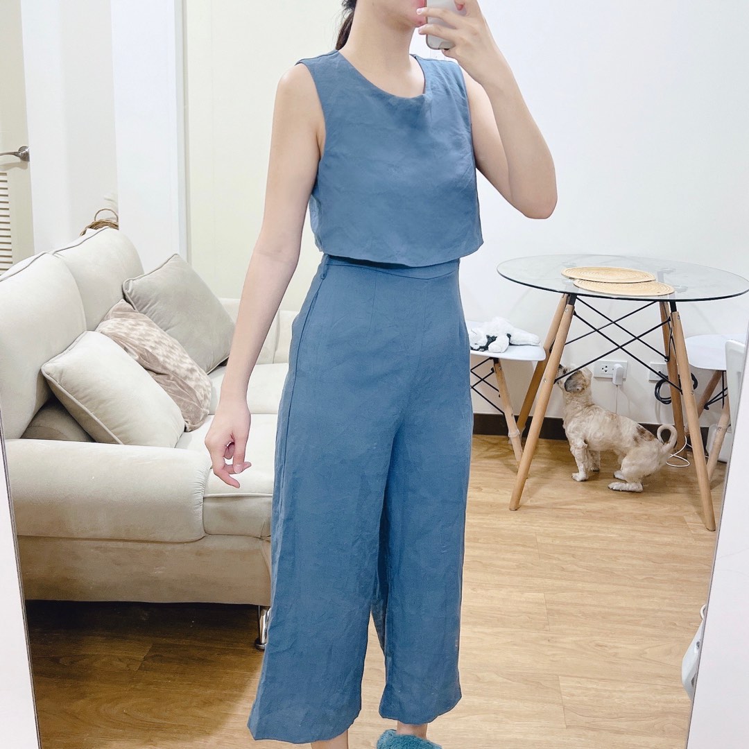 Linen Baby Blue Jumpsuit, Women's Fashion, Dresses & Sets, Jumpsuits on