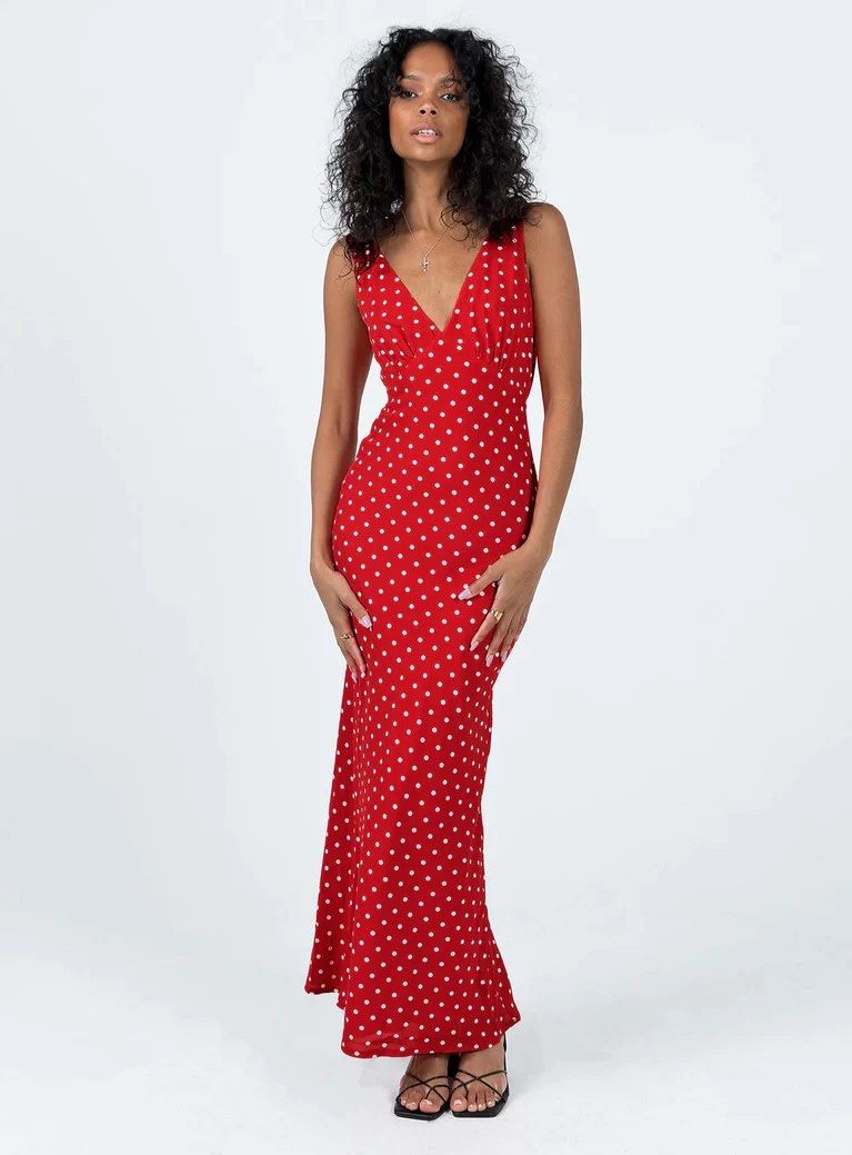 red and white polka dot maxi dress