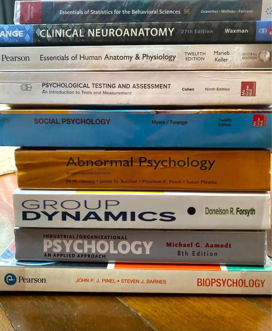 PSYCHOLOGY BOOKS (Category: Textbooks) located in Manila. Submitted by bestudios (Listing ID 1210925588, Image 1). Description: NEGOTIABLE! For 2 or more books Essentials of Statistics for the Behavioral Sciences Gravetter (900) Clinical Neuro Anatomy Waxman (500) Essentials of Human Anatomy and Physiology Marieb (900) Psychological Testing and Assessment Cohen (600) Social Psychology Myers (600) SOLD Abnormal Psychology Hooley (600) Group Dynami