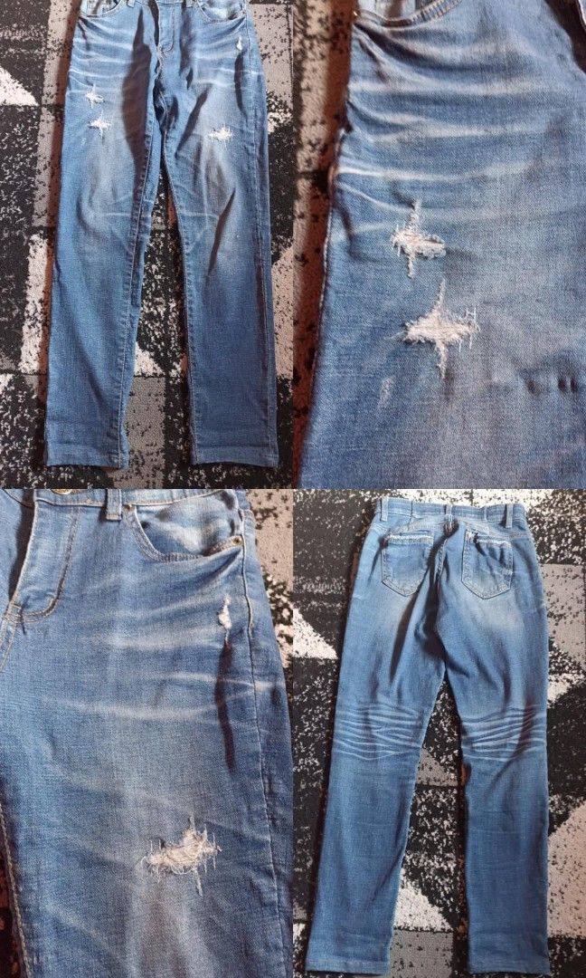 Ripped jeans thrift size 28 pinggang karet, Fesyen Wanita, Pakaian