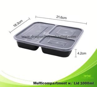 1000ML BLACK 3 COMPARTMENT MICROWAVABLE BENTO BOX WITH FLAT LID 150PCS PER CARTON