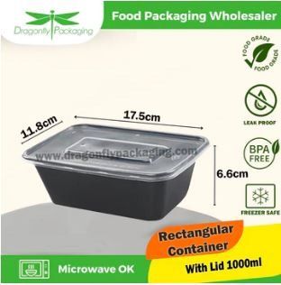 1000ML Black Rectangle Microwavable Container WITH LID 300PCS PER CARTON