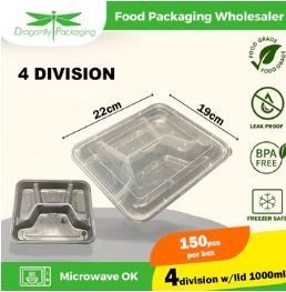 1000ML CLEAR 4 Division Bento Box WITH LID 150PCS PER CARTON