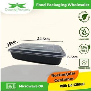 1200ML BLACK PREMIUM RECTANGLE MICROWAVABLE CONTAINER WITH LID 150PCS PER CARTON