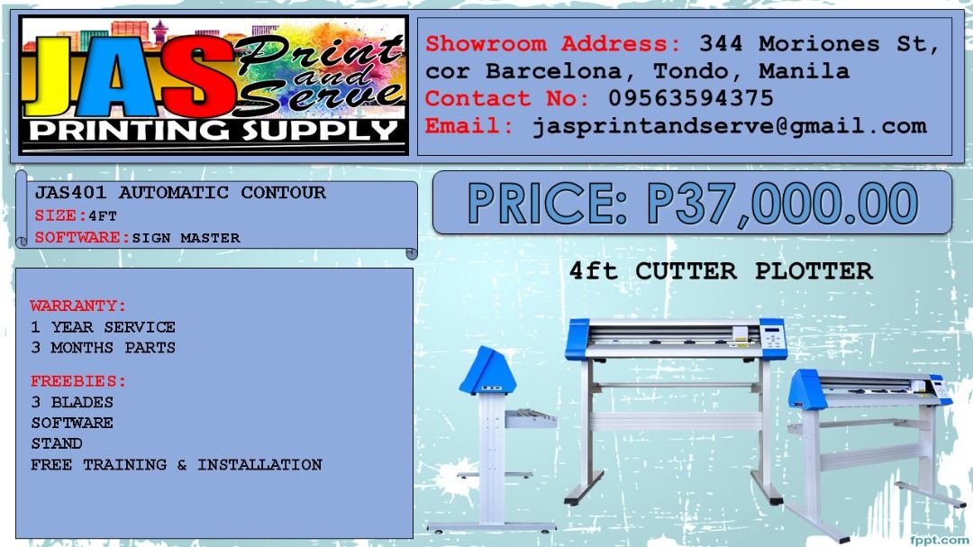 4ft Cutter Plotter (Category: Printers, Scanners & Copiers) located in Manila. Submitted by abbyconde (Listing ID 1211066872, Image 1). Description: For more details, kindly contact; Name: Albert Conde Position: Sales Consultant Company: JASPRINT AND SERVE PRINTING SUPPLY Contact No: 09563594375.