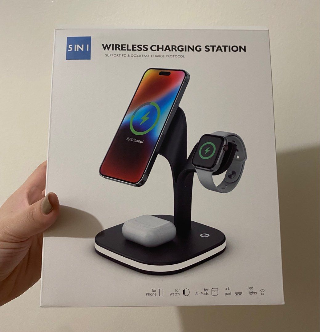 5 in 1 Fast Wireless Charging Dock (Category: Chargers & Cables) located in Manila. Submitted by annpri (Listing ID 1211162571, Image 1). Description: Available in Black / White Supports apple & android phones with magsafe case.