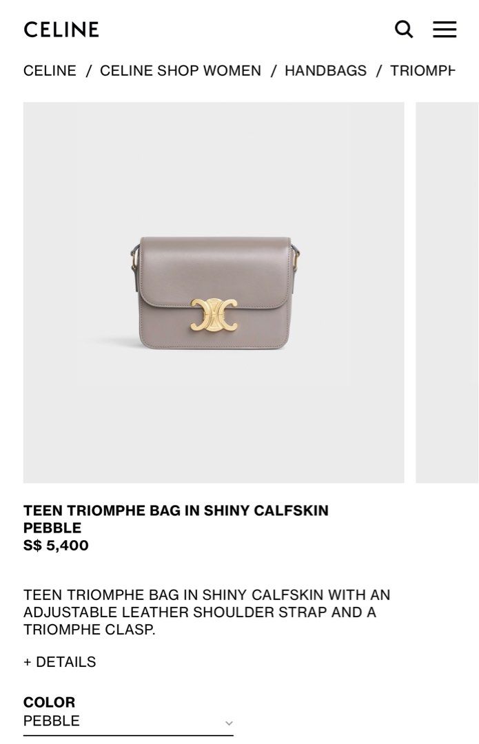 Celine Teen Triomphe Bag Shiny Calfskin Pebble, Women's Fashion, Bags ...