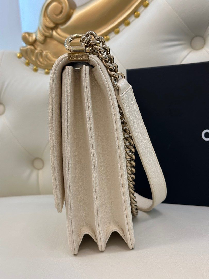 Chanel North South Boy in Pearl White Caviar Champagne Gold Hardware Series  28., Luxury, Bags & Wallets on Carousell
