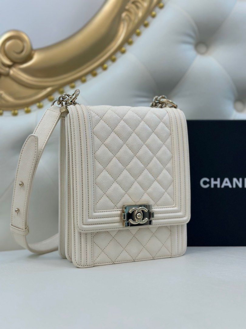 Chanel North South Boy in Pearl White Caviar Champagne Gold