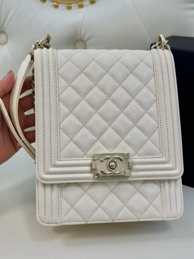 Chanel North South Boy in Pearl White Caviar Champagne Gold Hardware Series  28., Luxury, Bags & Wallets on Carousell