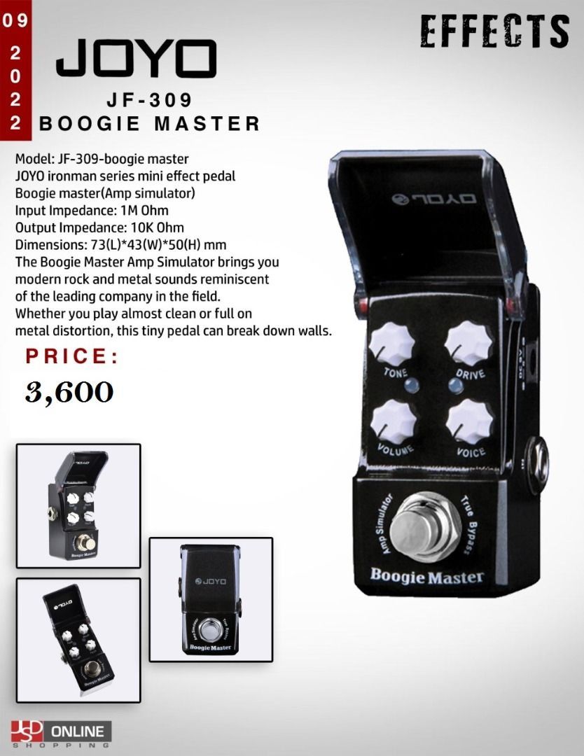 Joyo JF - 309 ( Boogie Master ) Effect Pedal (Category: Musical Instruments) located in Manila. Submitted by sportshubb (Listing ID 1211156145, Image 1). Description: Joyo JF - 309 ( Boogie Master ) Effect Pedal 3,600 Php FB Page: Facebook.com/sportshubb FOR : TM - 09553905436 SMART - 09693536529 We can do door to door cash-on-delivery (COD) within Metro Manila Area or provincial area within selected places in Luzon. Shipping: Nationwide Shipping