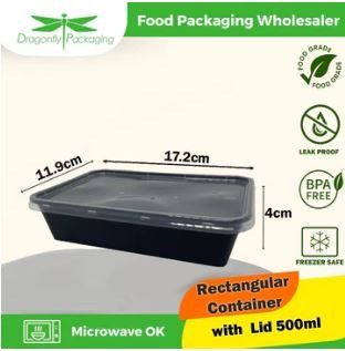 LOOSE CARTON 500ML BLACK RECTANGLE MICROWAVABLE CONTAINER WITH FLAT LID 50PCS PER PACK