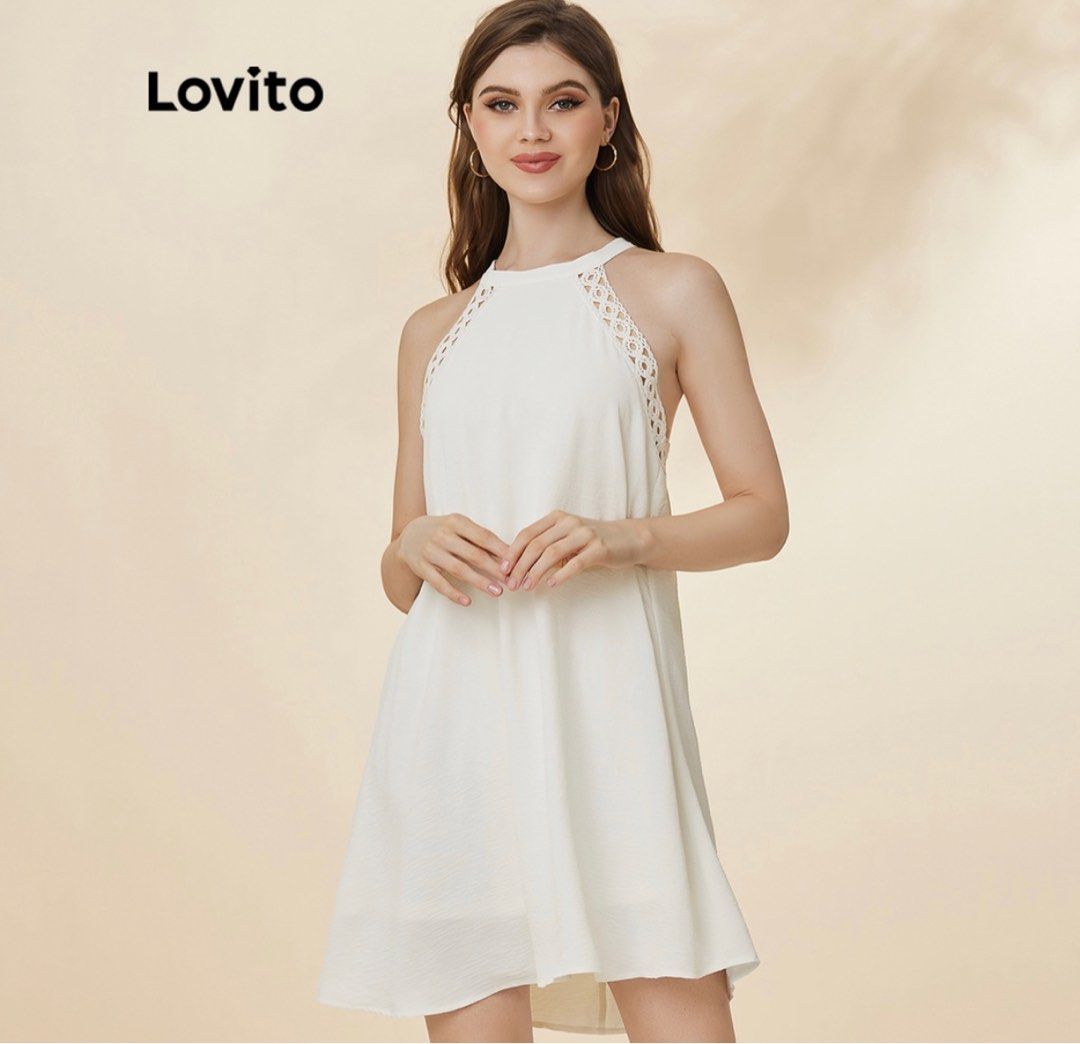 Lovito Casual Plain Lace Trim Halter Dress L19D443 White Women s Fashion Dresses Sets Dresses on Carousell