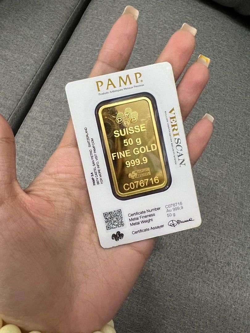 PAMP 50grams GOLD BAR (Category: Currency) located in Taguig. Submitted by aaustriaaa (Listing ID 1211099123, Image 2). Description: 24k PAMP SUISSE GOLD BAR 50grams .