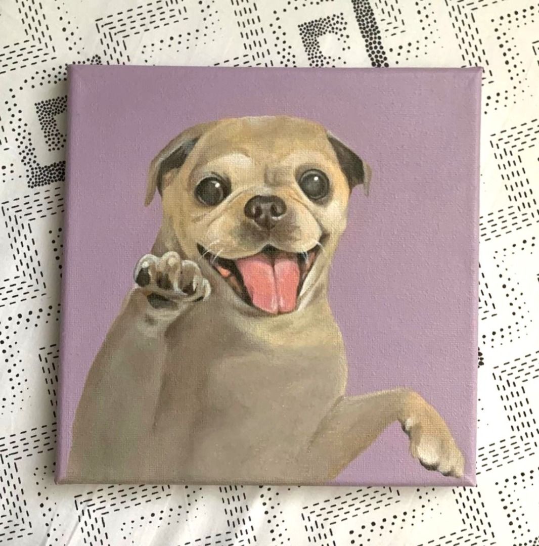 Pet Portrait Art Commissions (Category: Art & Prints) located in Quezon City. Submitted by pocari_pwet (Listing ID 1181294961, Image 2). Description: *Slots open! -Acrylic painting of your pets on an 8" x 8" canvas (Also open to discuss custom sizes!) -May take up to 1-2 weeks (depending on complexity) -Solid color backgrounds only -DM for more details! MOP: Gcash only Shipping: Grab, Lalamove, GGX (SF to be shouldered by buyer).