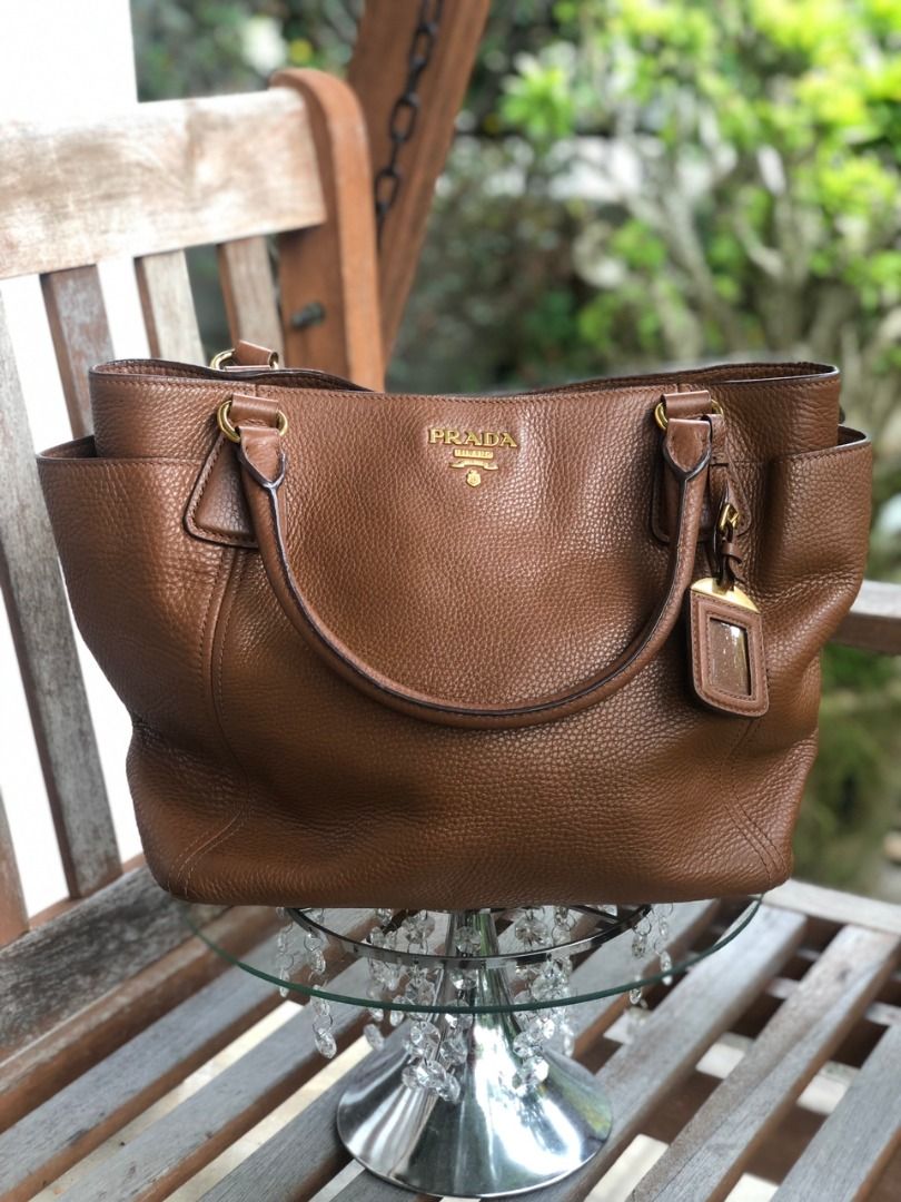 Prada Brown Vitello Daino Leather Sacca 2 Manici Tote Luxury