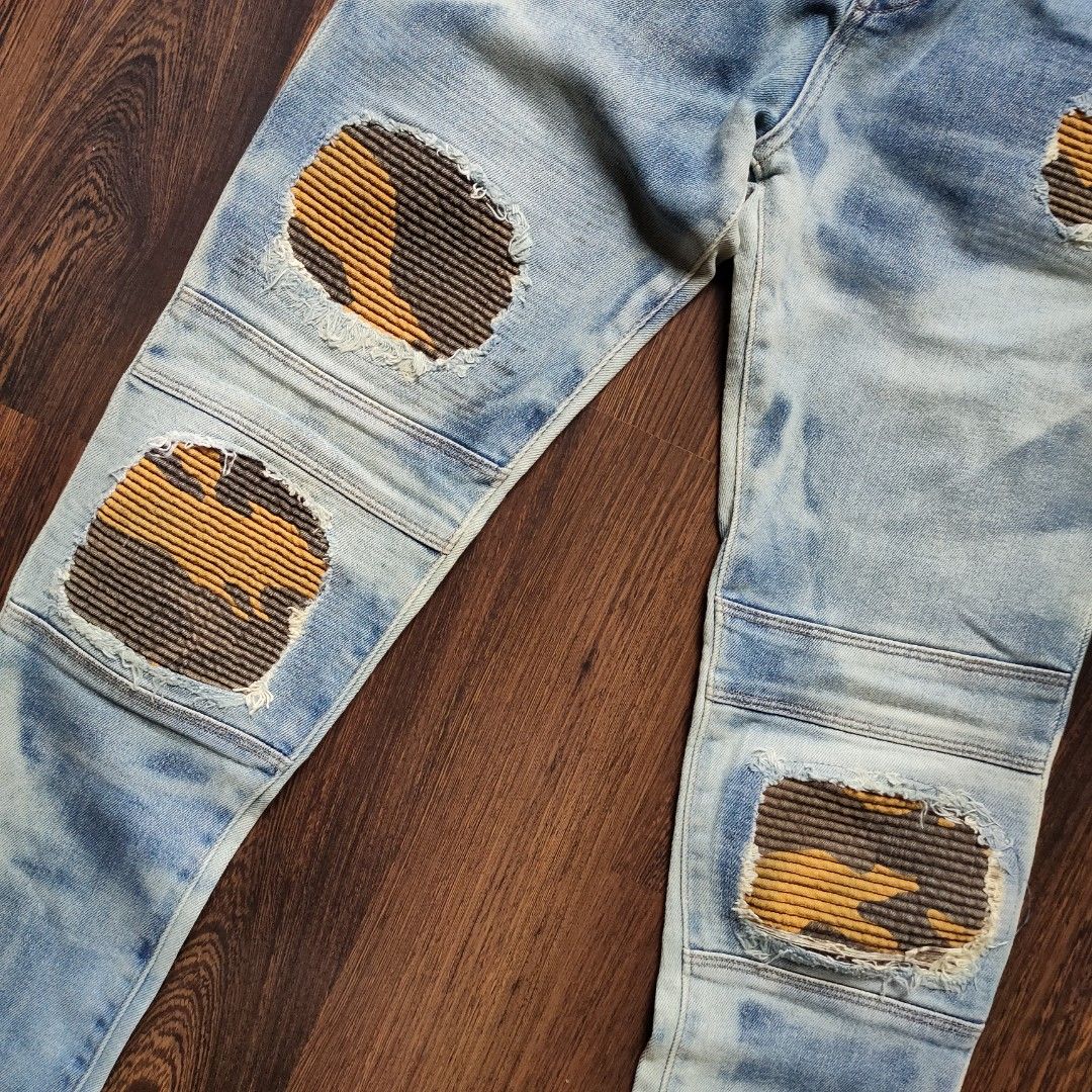 PULL BEAR BIKER JEANS Patch Camo Denim
