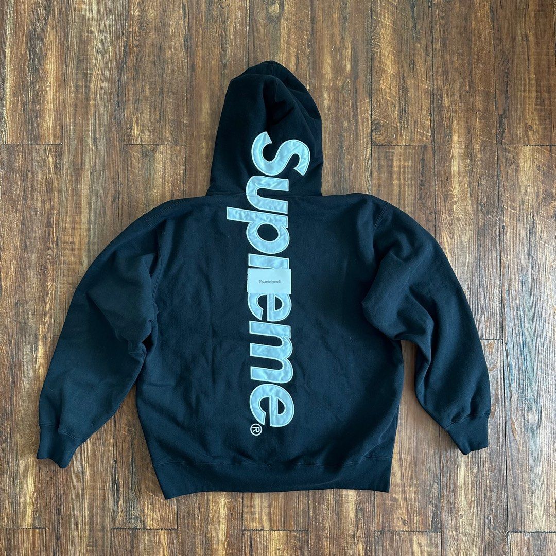 Supreme Satin Appliqué Hooded Sweatshirt Black (Size XL), 男裝