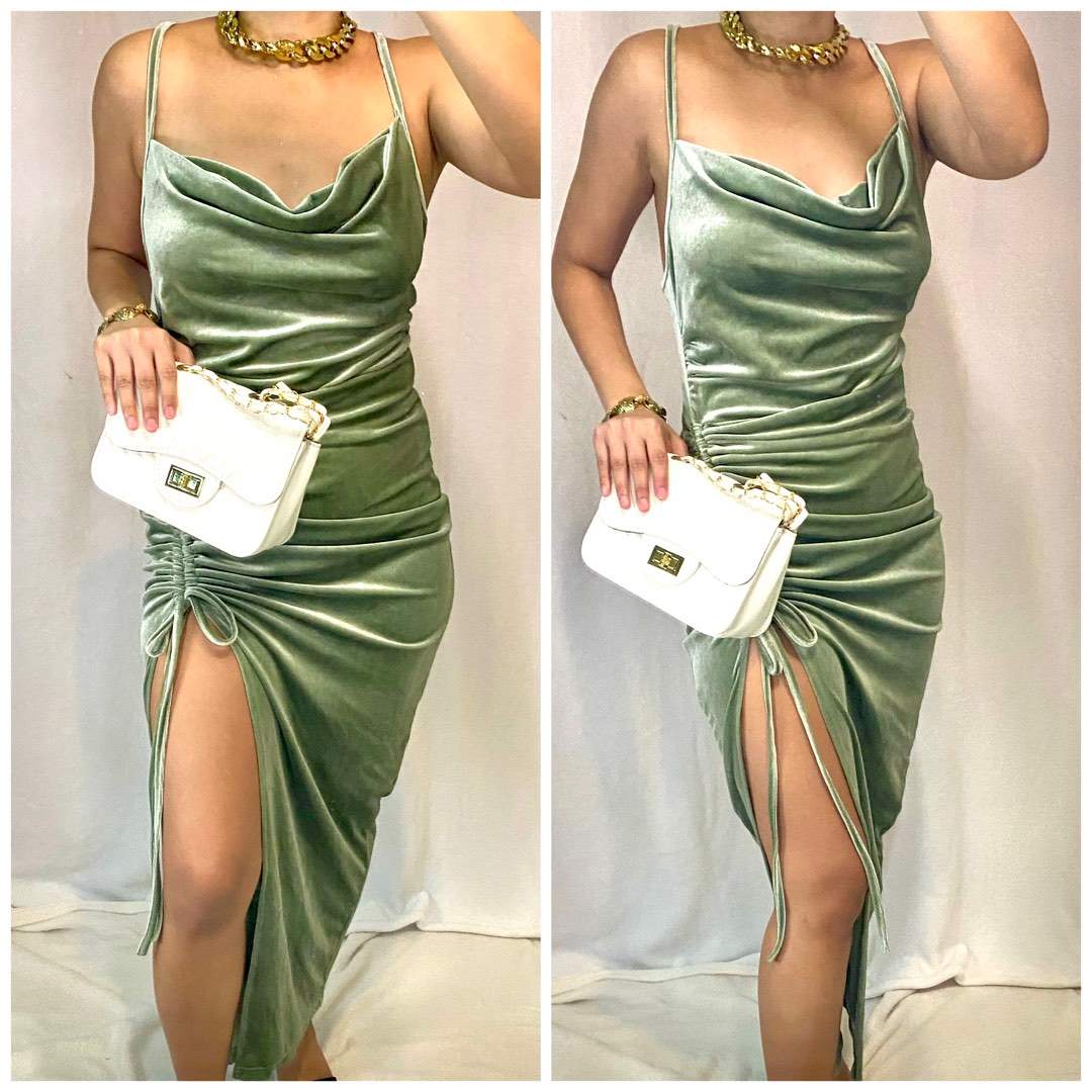 Long Velvet V-neck Dresses with V Back Mint Green