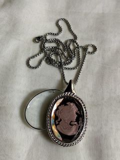 Vintage Smoky quartz glass intaglio with magnifying glass oval shaped necklace