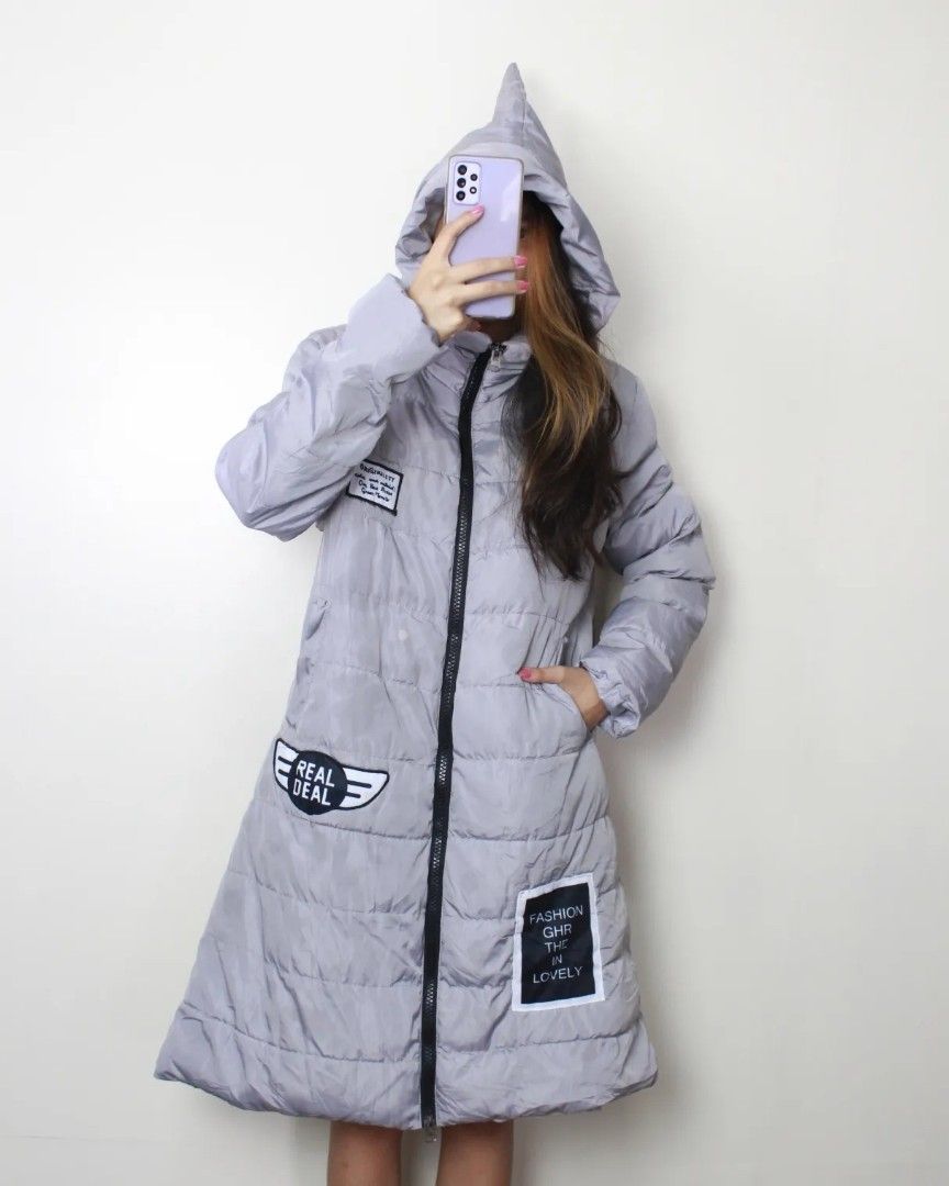 XXL Light Gray Puffer Jacket with Hood and patches, Women's Fashion