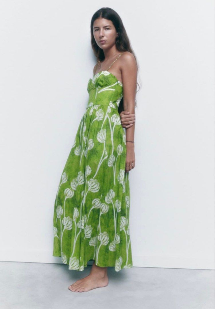 Zara green floral maxi dress top