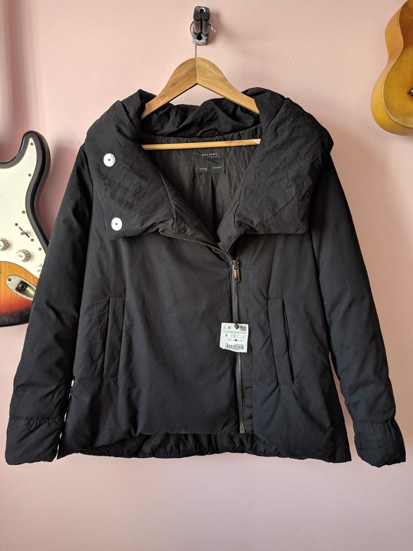 ZARA PUFFER SHORT COAT WITH WRAPAROUND HIGH COLLAR BLACK TUXEDO