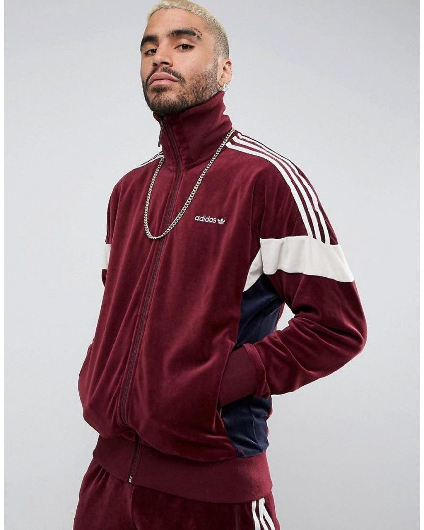 Adidas Original Velour Jacket in Burgundy, Fashion, Coats, Jackets and Outerwear Carousell