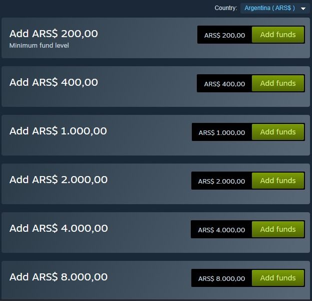 Argentina ARS Steam Top Up/ Steam Argentina Credit/ Steam Wallet