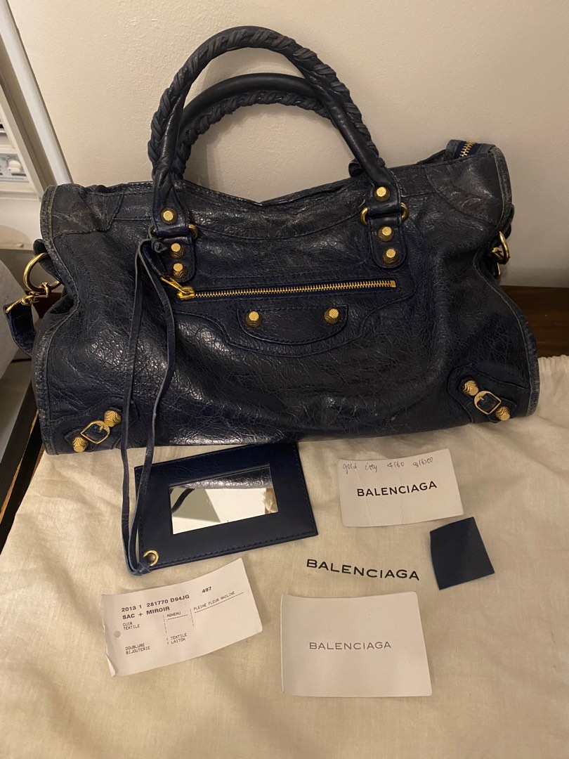 Balenciaga City Blue Lambskin with Gold Hardware, Removable Straps