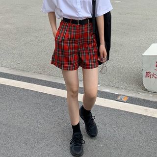 Red plaid clearance high waisted shorts