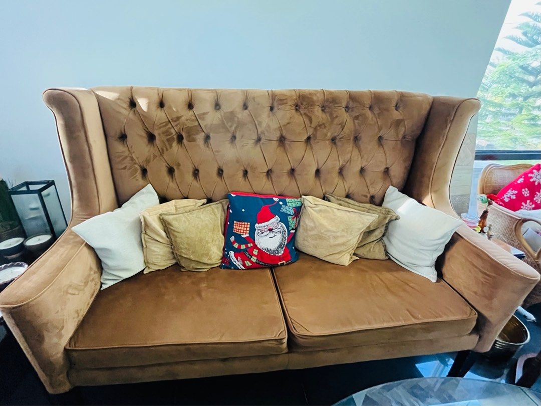 Brown velvet tufted bench sofa / couch (Category: Sofas) located in Makati City. Submitted by onezerotwo102 (Listing ID 1211300060, Image 1). Description: Made of solid hard wood and high quality fabric upholstery Oversized tufted bench sofa. One person can fit to sleep on it. .