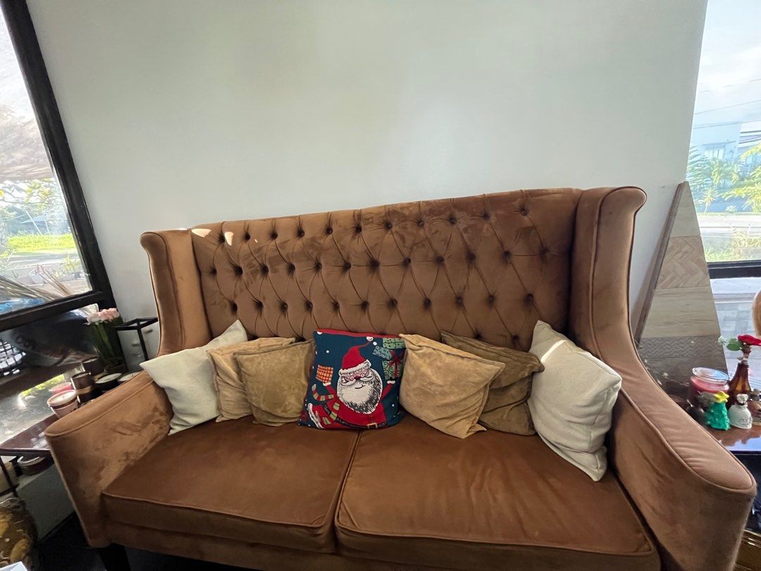 Brown velvet tufted bench sofa / couch (Category: Sofas) located in Makati City. Submitted by onezerotwo102 (Listing ID 1211300060, Image 2). Description: Made of solid hard wood and high quality fabric upholstery Oversized tufted bench sofa. One person can fit to sleep on it. .