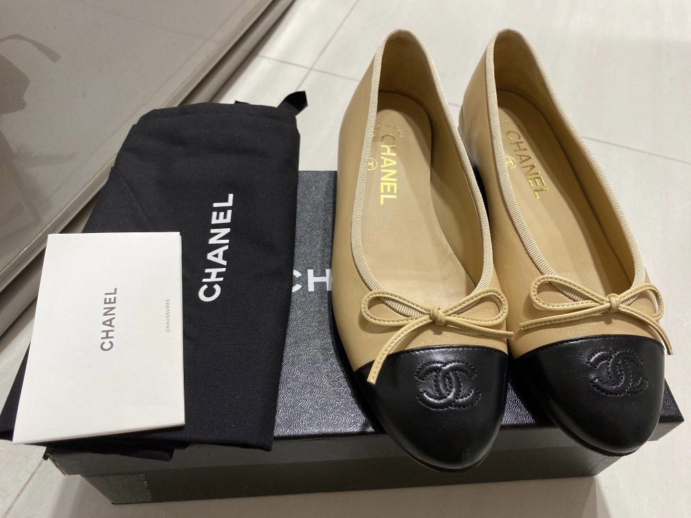 Chanel 2 tone Beige and Classic Ballerina Lambskin Size 37C with receipt, 女裝, 鞋, Carousell