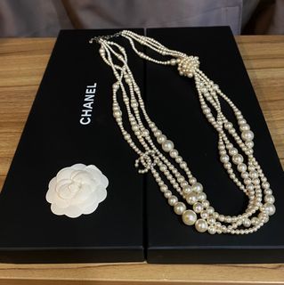 Chanel Black Leather Chain Braided Pearl Crystal CC Drop Choker Gold Tone  21B
