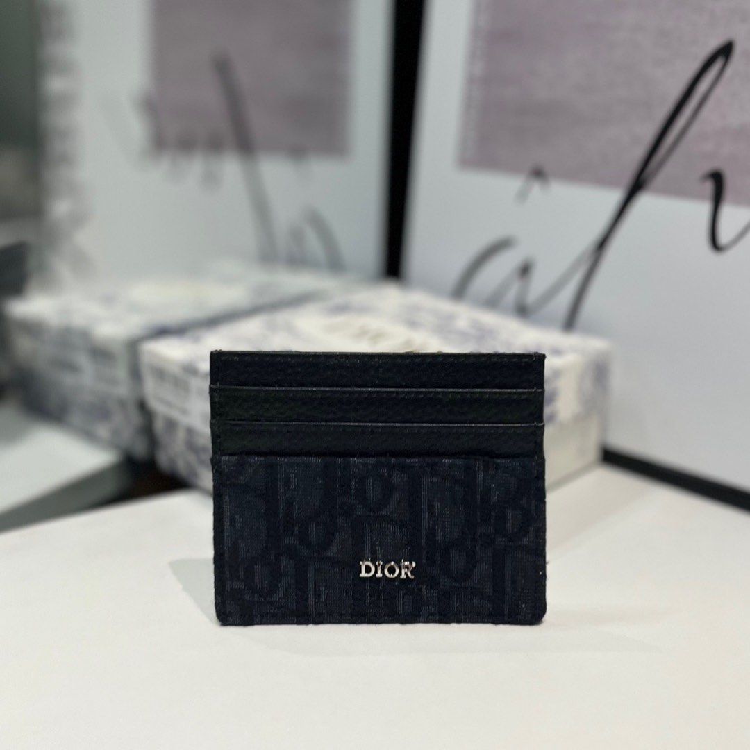 Dior Oblique Jacquard and Grained Calfskin Card Holder Wallet Black, NEW