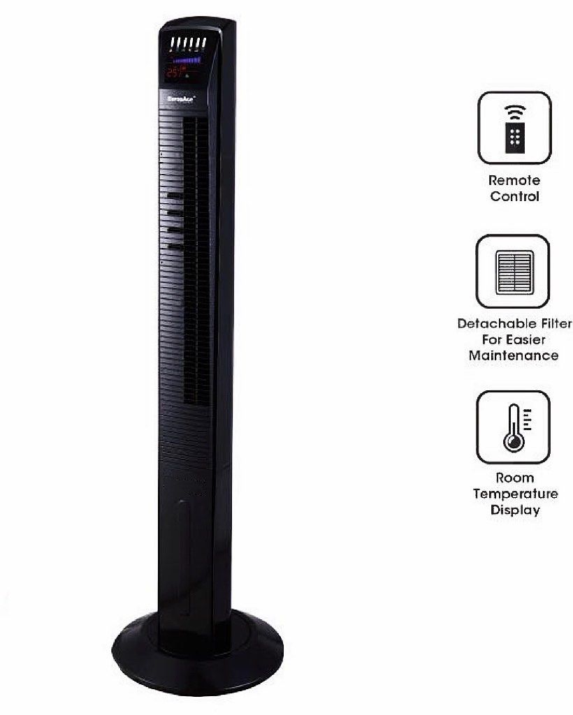 EuropAce Black BLADELESS Tower Fan with Ionizer (Digital Ambient