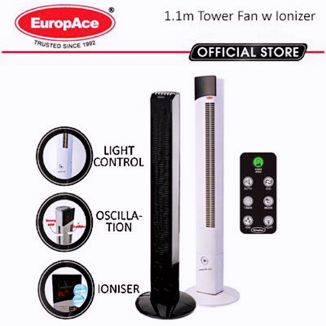 EuropAce Black BLADELESS Tower Fan with Ionizer (Digital Ambient