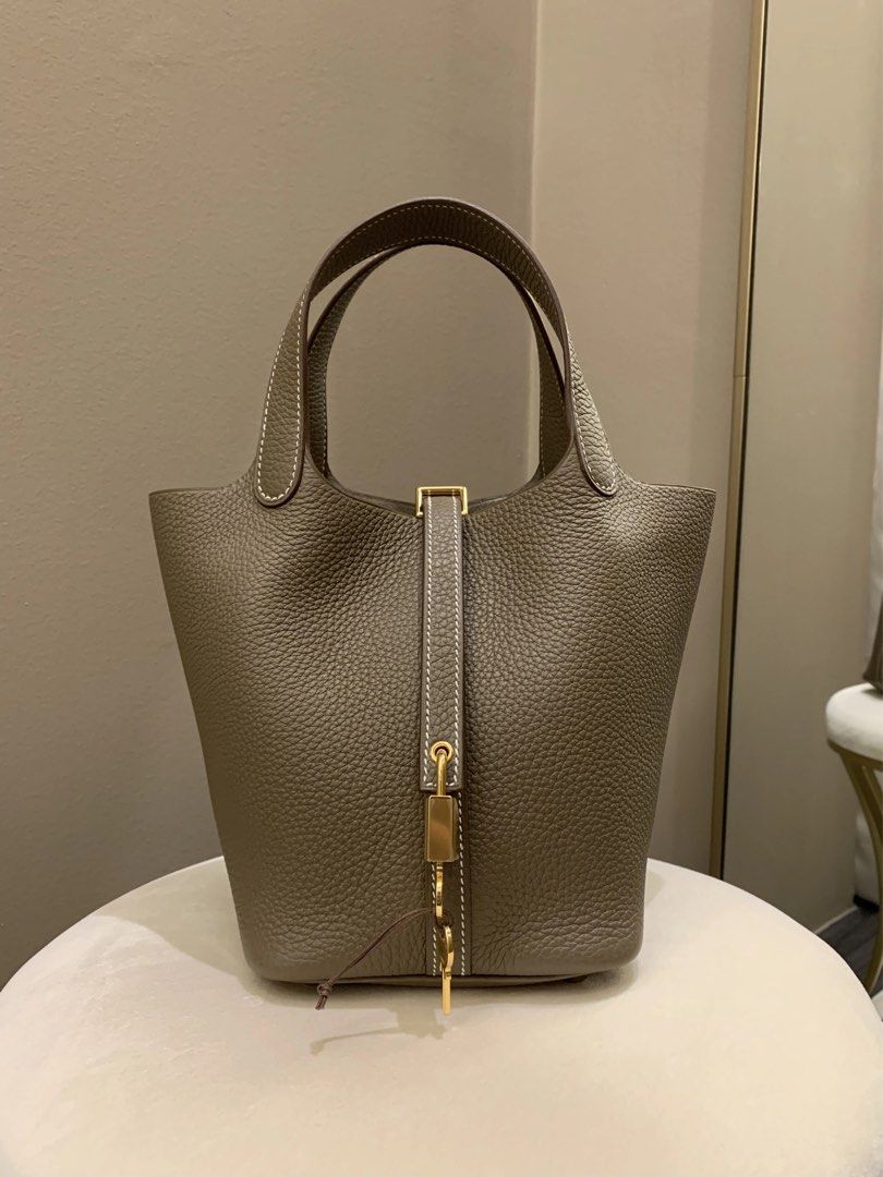 Hermes Picotin Lock bag PM Etoupe grey Clemence leather Gold hardware