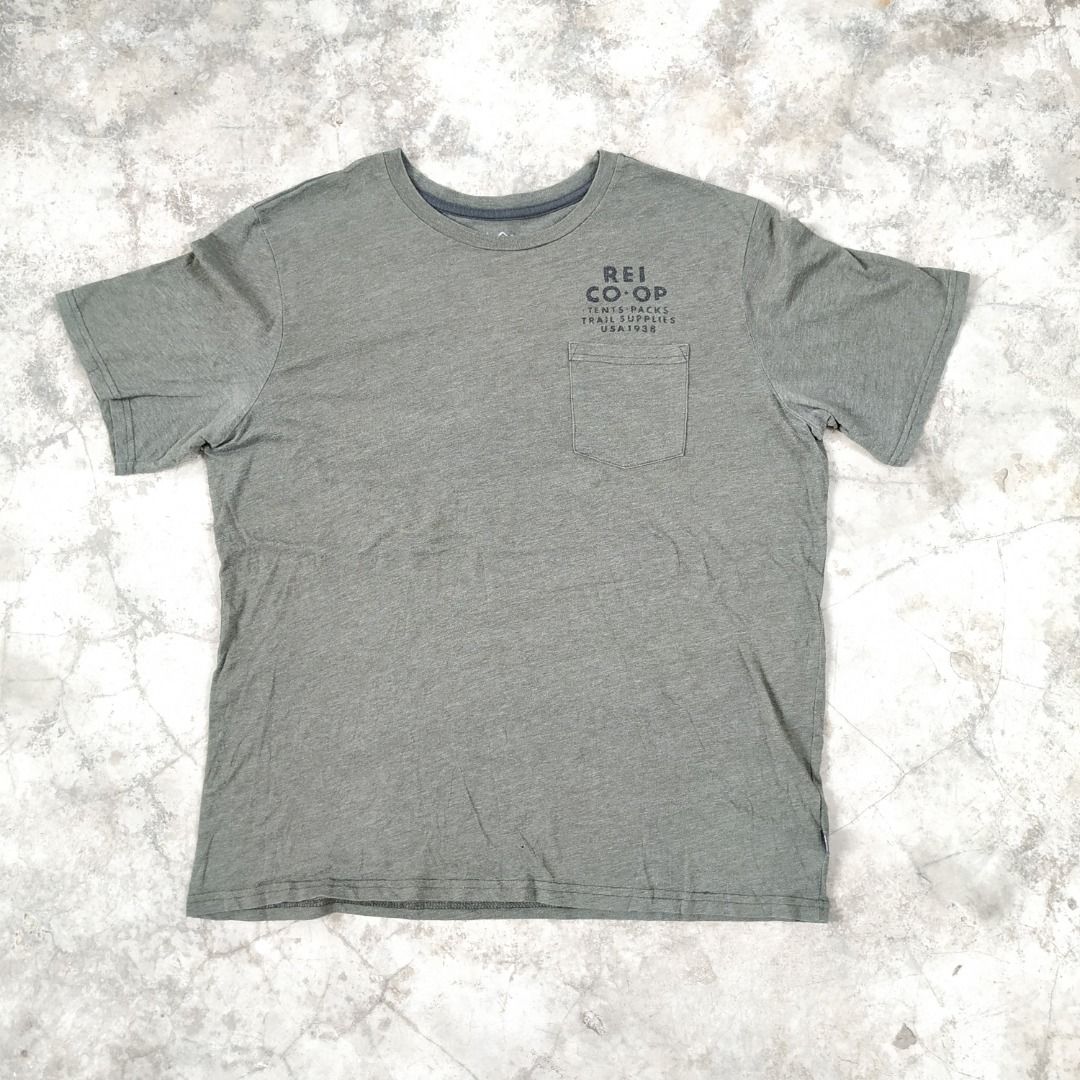 L] REI CO OP TENT CAMPING EQUIPMENT TRAIL SUPPLIER USA TSHIRT POCKET TEE  GREEN ARMY LARGE SIZE, Men's Fashion, Tops & Sets, Tshirts & Polo Shirts on  Carousell
