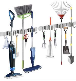 New 2 Packs Broom and Mop Holder Wall Mounted Garage Organizer Storage Tool Racks Heavy Duty Stainle