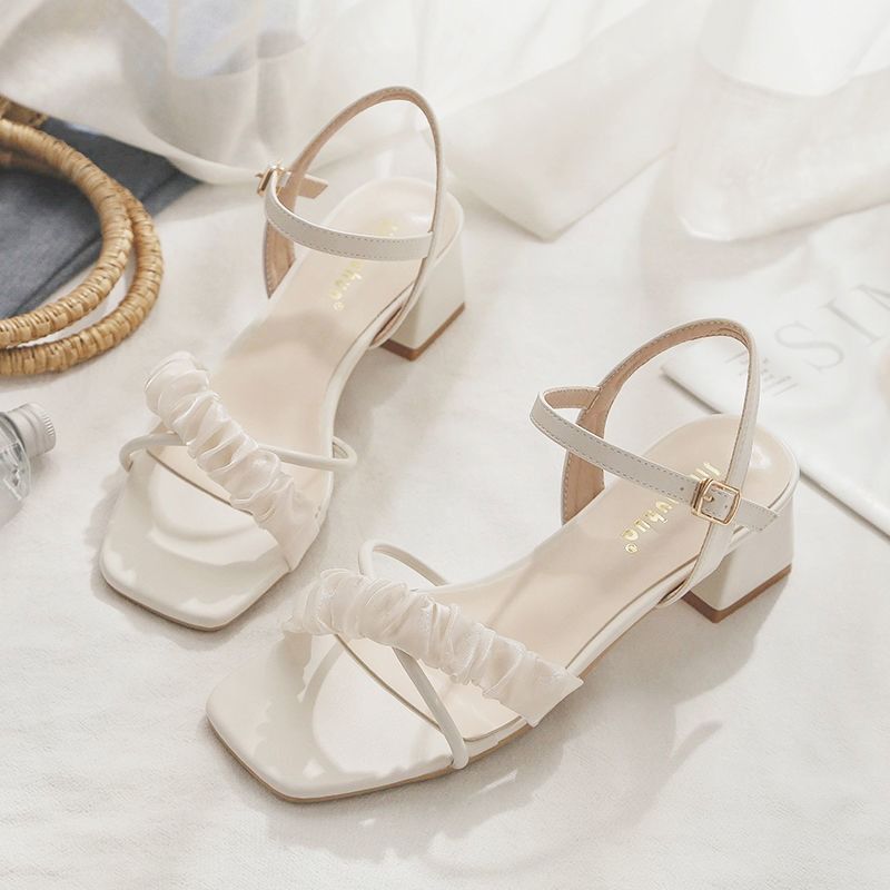 NEW White Runched low heel sandals slip on buckle strap