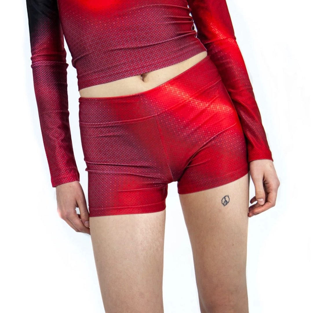 Red metallic biker shorts on sale