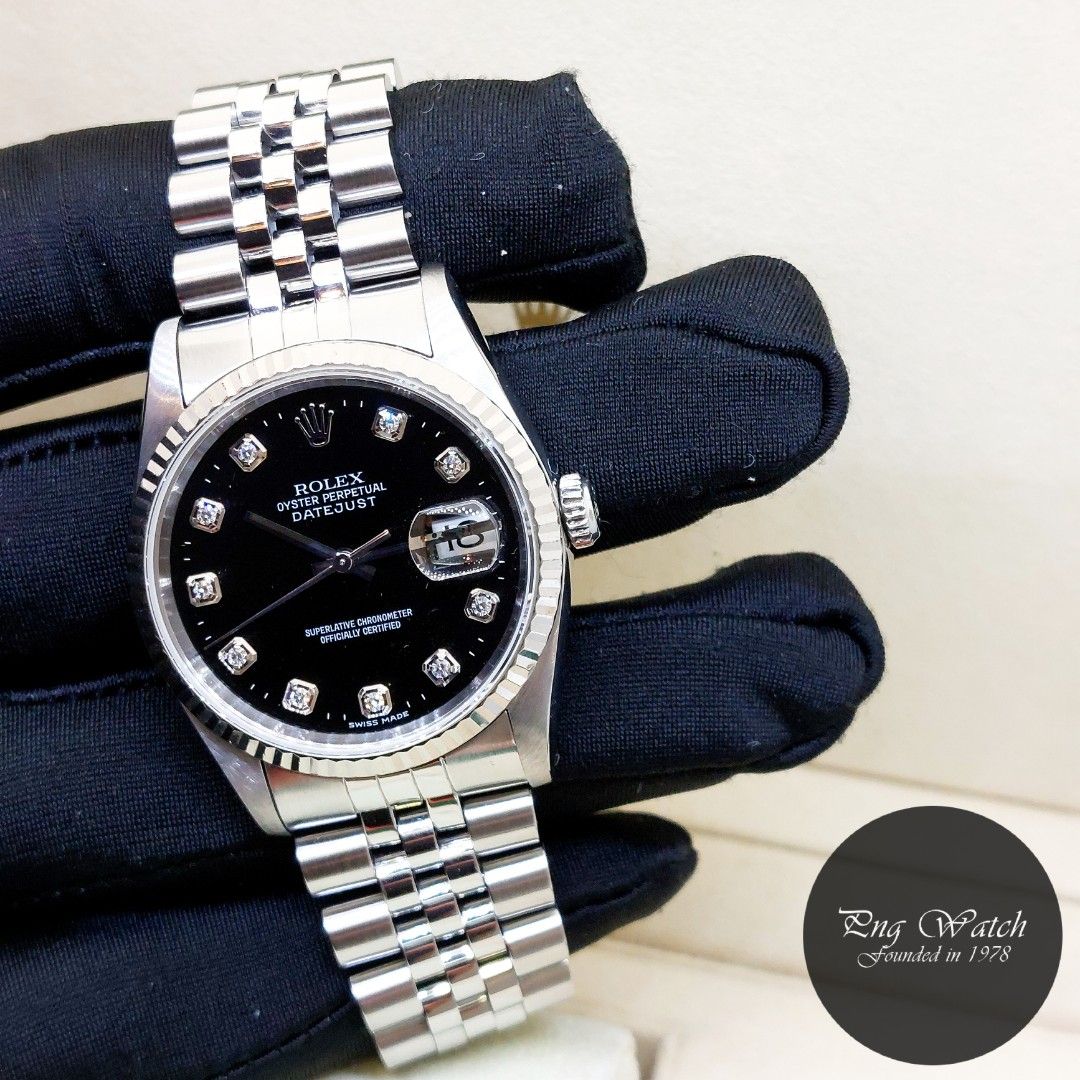 Rolex 36mm Fluted Bezel Oyster Perpetual Black Big Diamonds Unisex
